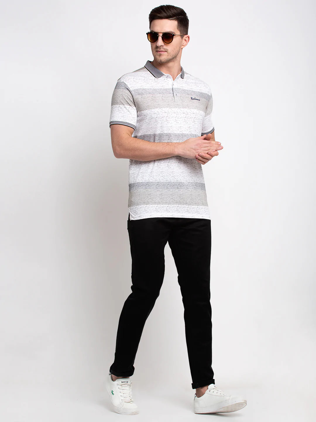 Men White Striped Polo Collar T-shirt