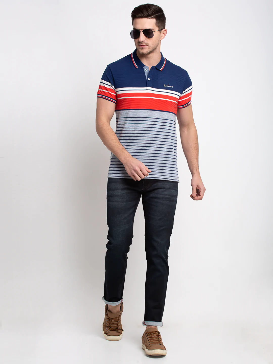 Men Multicoloured Striped Polo Collar T-shirt