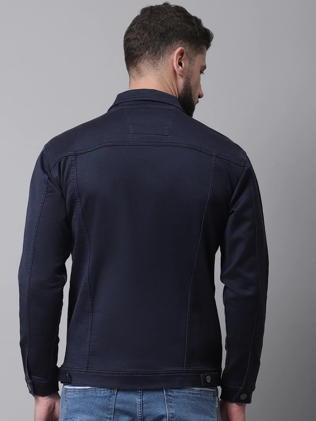 Men Navy Blue Denim Cotton Jacket with Patchwork