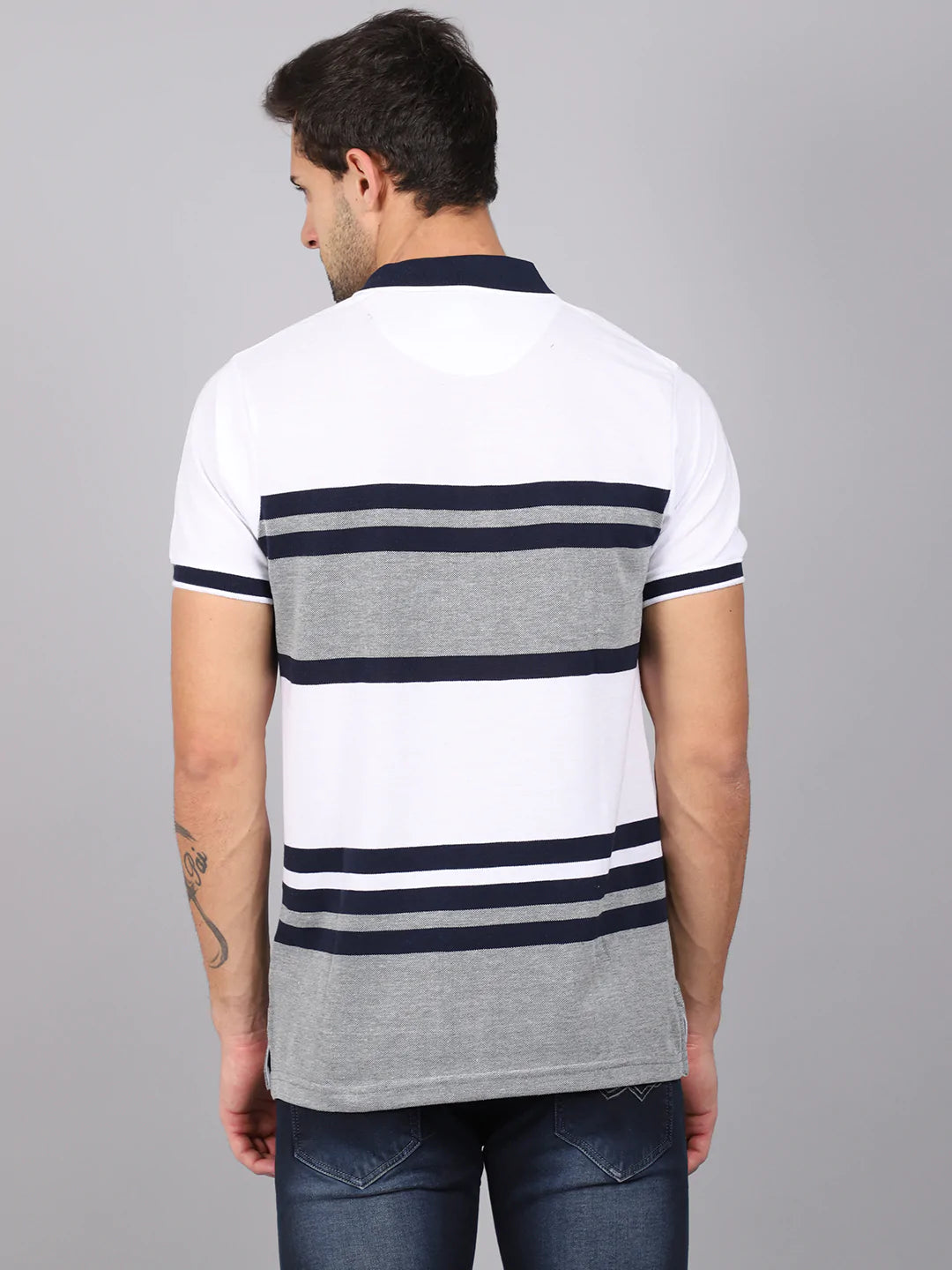 Men White  Blue Striped Polo Collar Slim Fit T-shirt