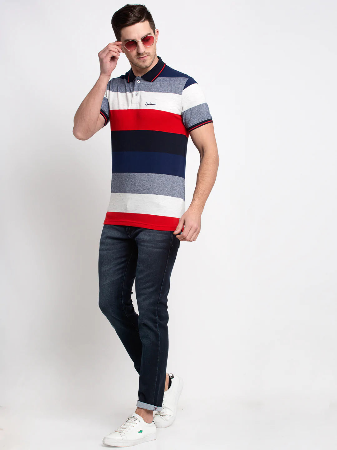 Men Multicoloured Striped Polo Collar T-shirt