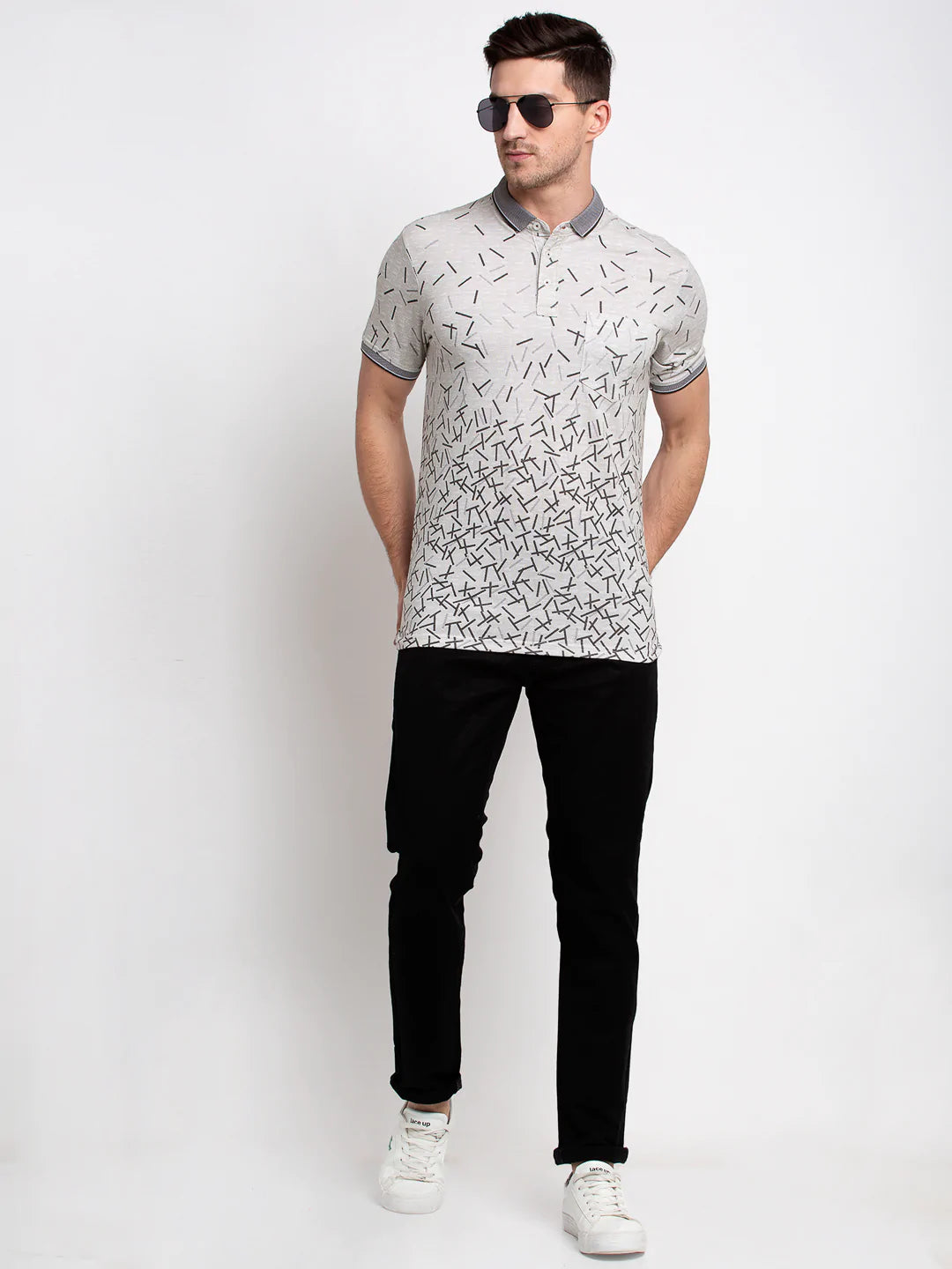 Men Grey Printed Polo Collar T-shirt