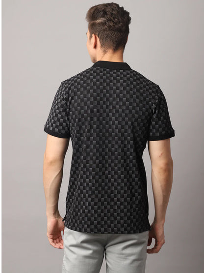 Men Black Printed Polo Collar Slim Fit Cotton T-shirt