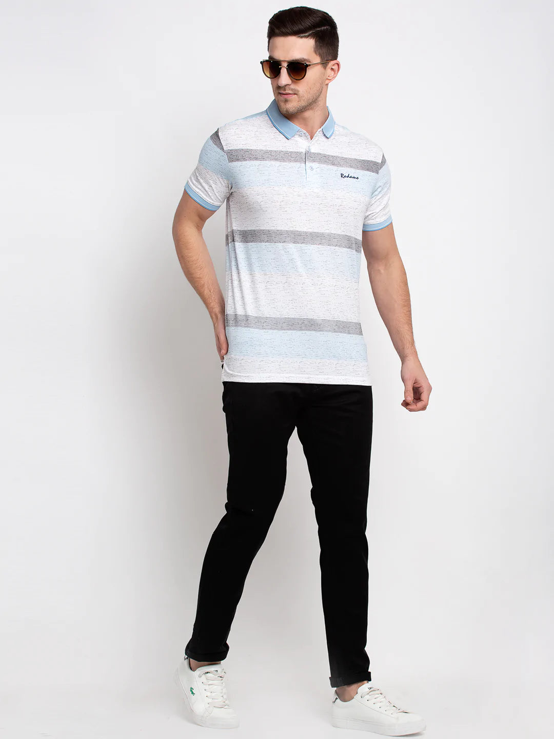 Men Blue Slim Fit Striped Polo Collar T-shirt
