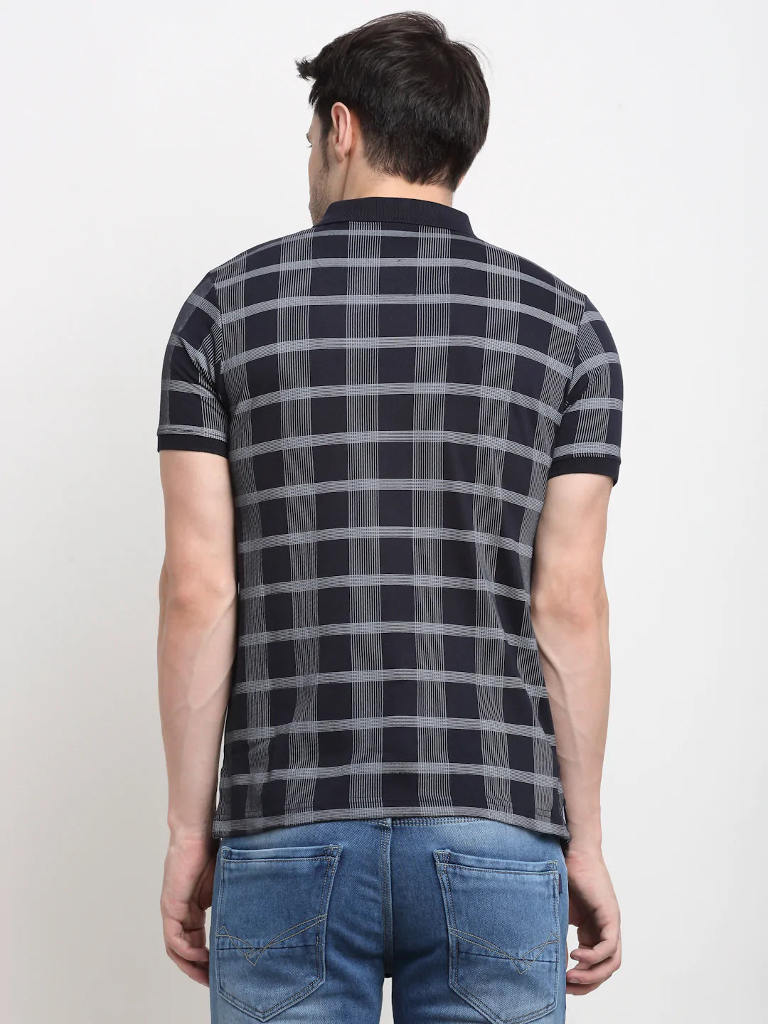 Men Dark Navy Blue Checked Polo Collar Slim Fit T-shirt