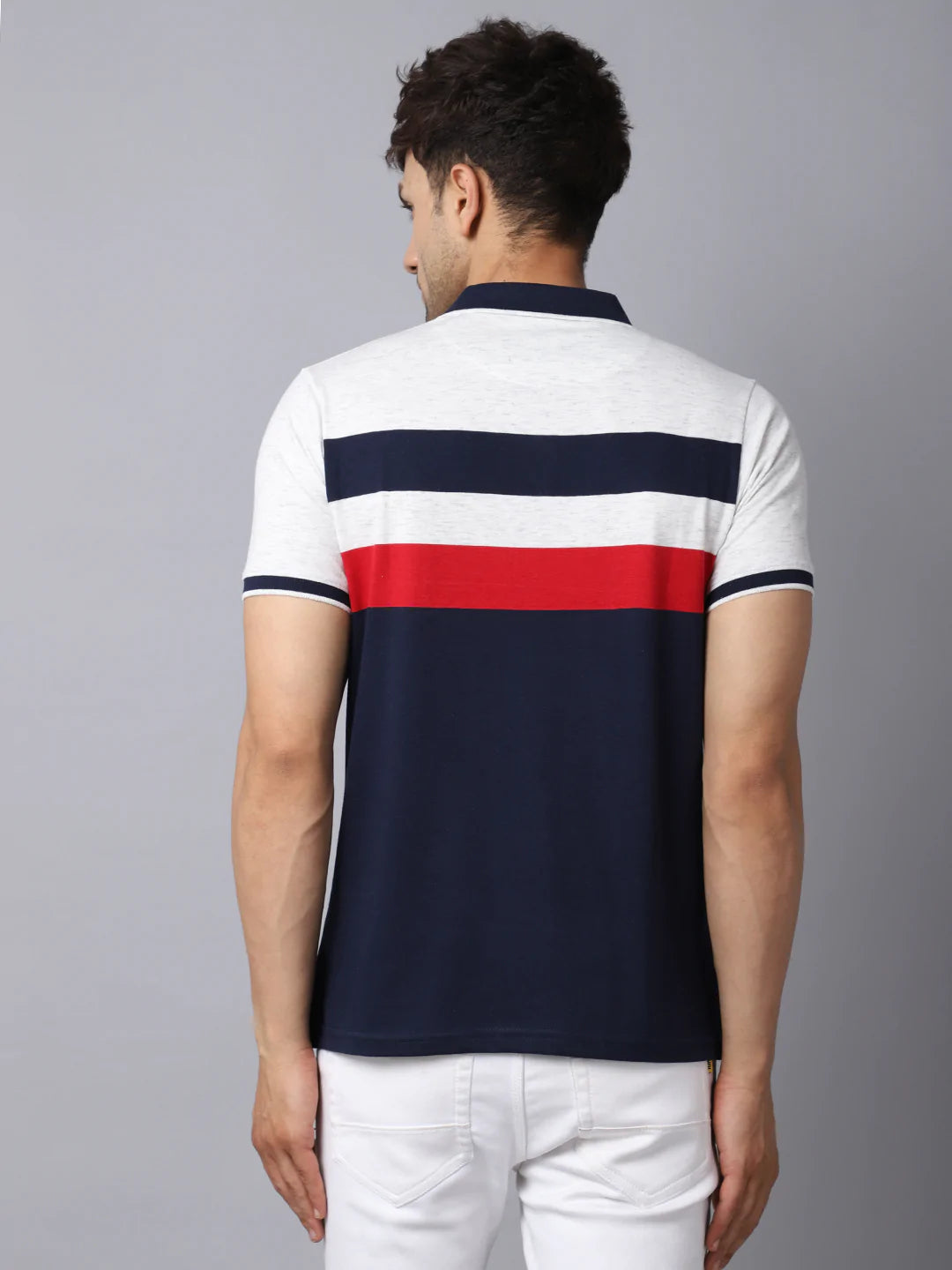 Men Multicoloured Striped Polo Collar Slim Fit T-shirt