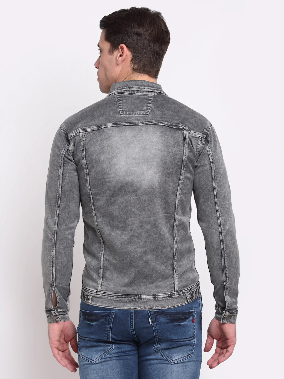 Men Grey Slim Fit Washed Cotton Denim Jacket