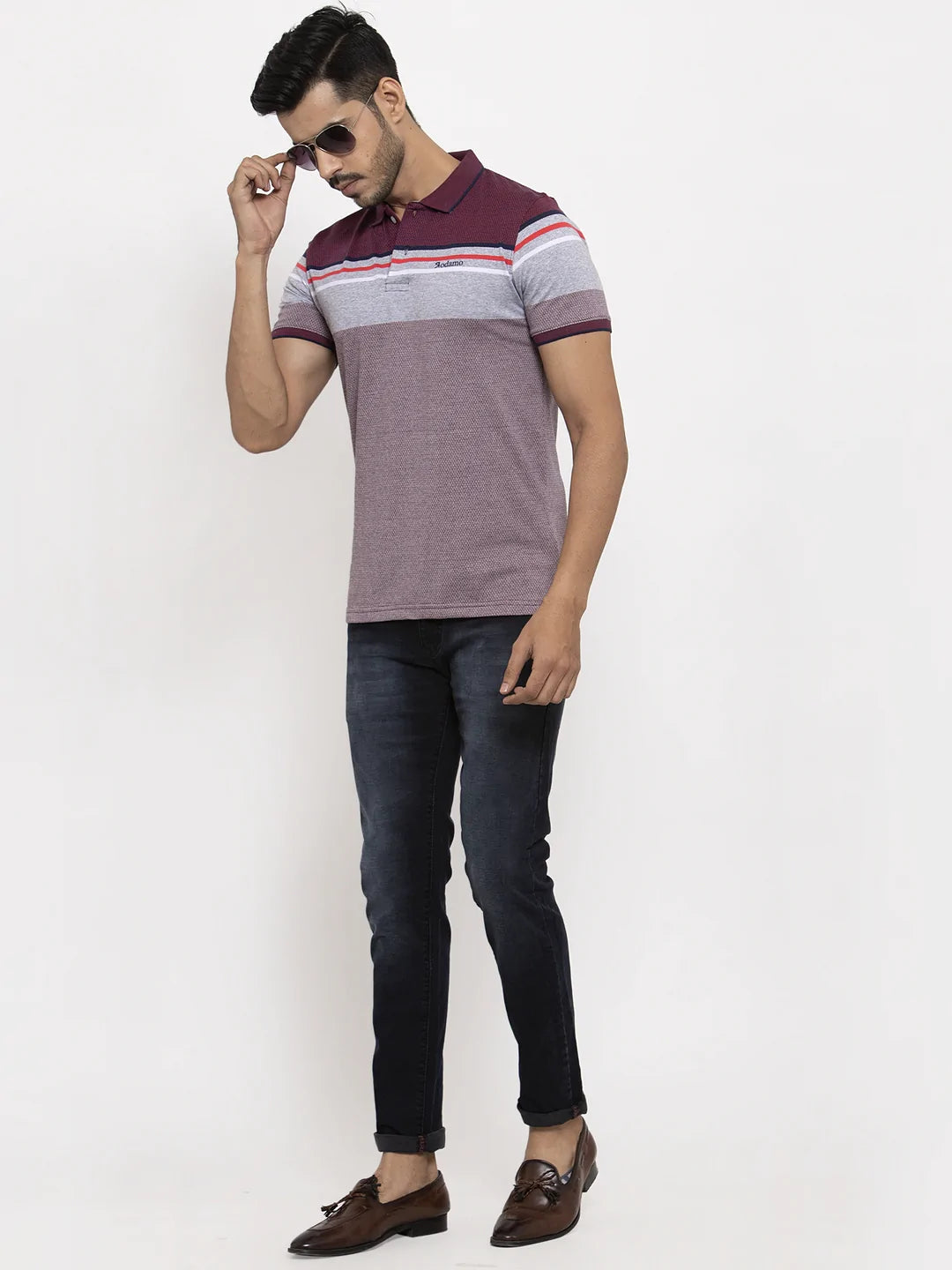 Men Maroon  Grey Slim Fit Striped Polo Collar T-shirt