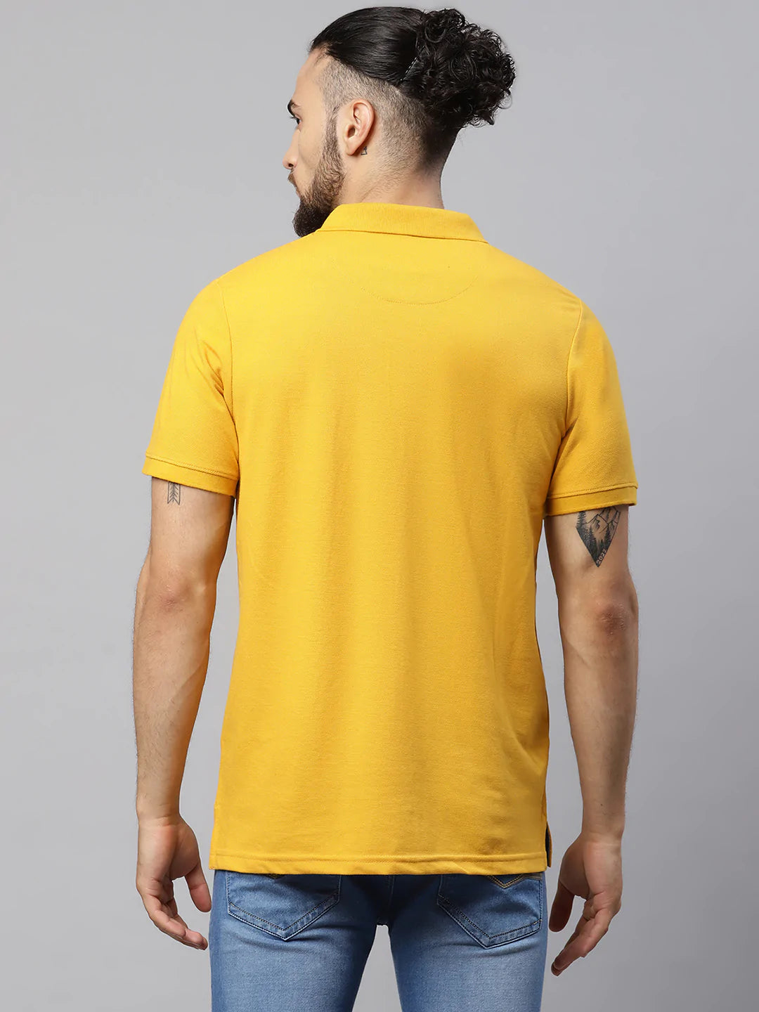 Men Mustard Yellow Typography Polo Collar Applique T-shirt
