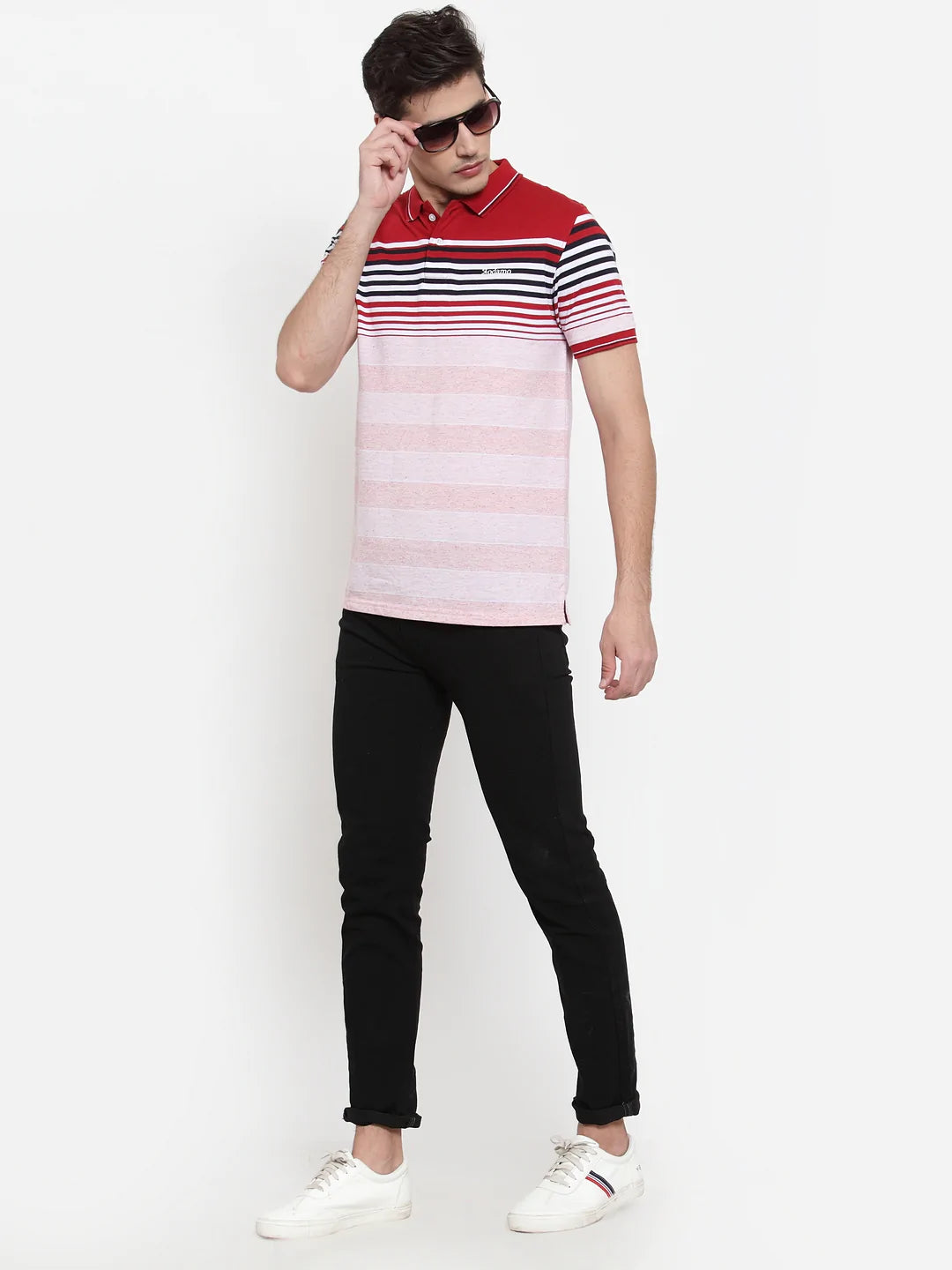 Men Red  Pink Striped Polo Collar T-shirt