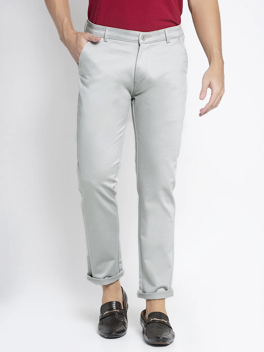 Men Grey Slim Fit Solid Regular Trousers