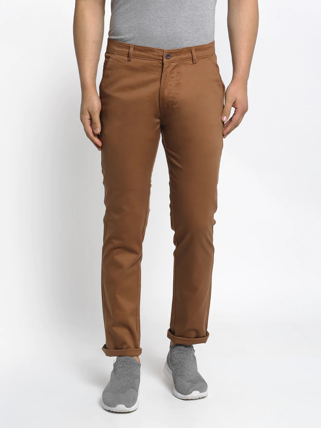 Men Brown Slim Fit Solid Regular Trousers