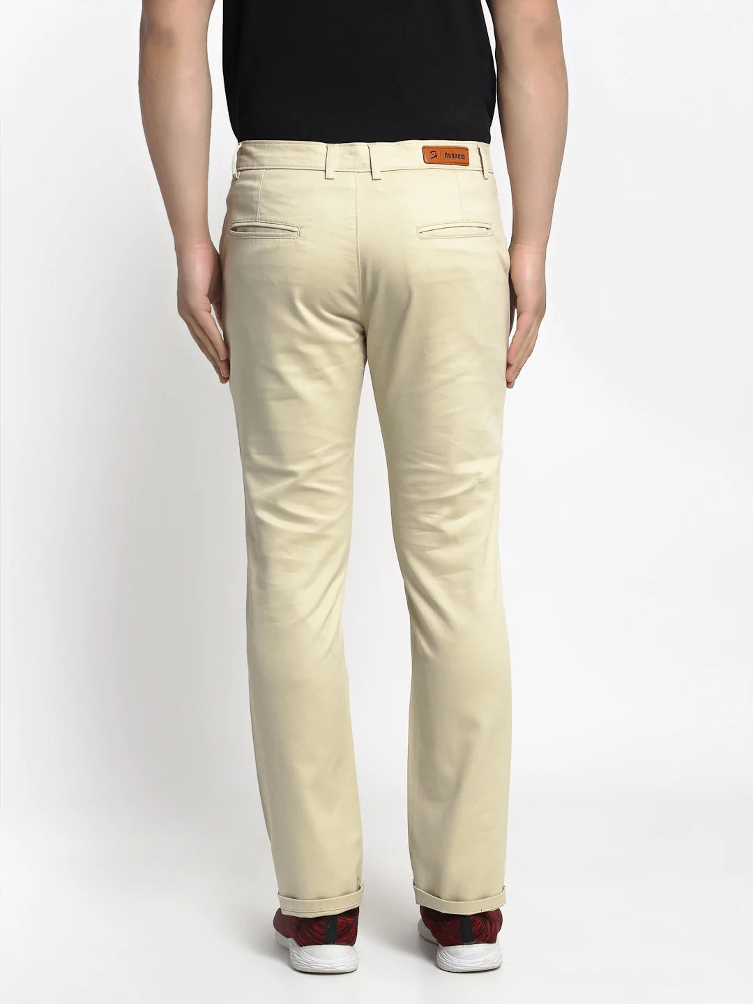 Men Cream-Coloured Slim Fit Solid Regular Trousers