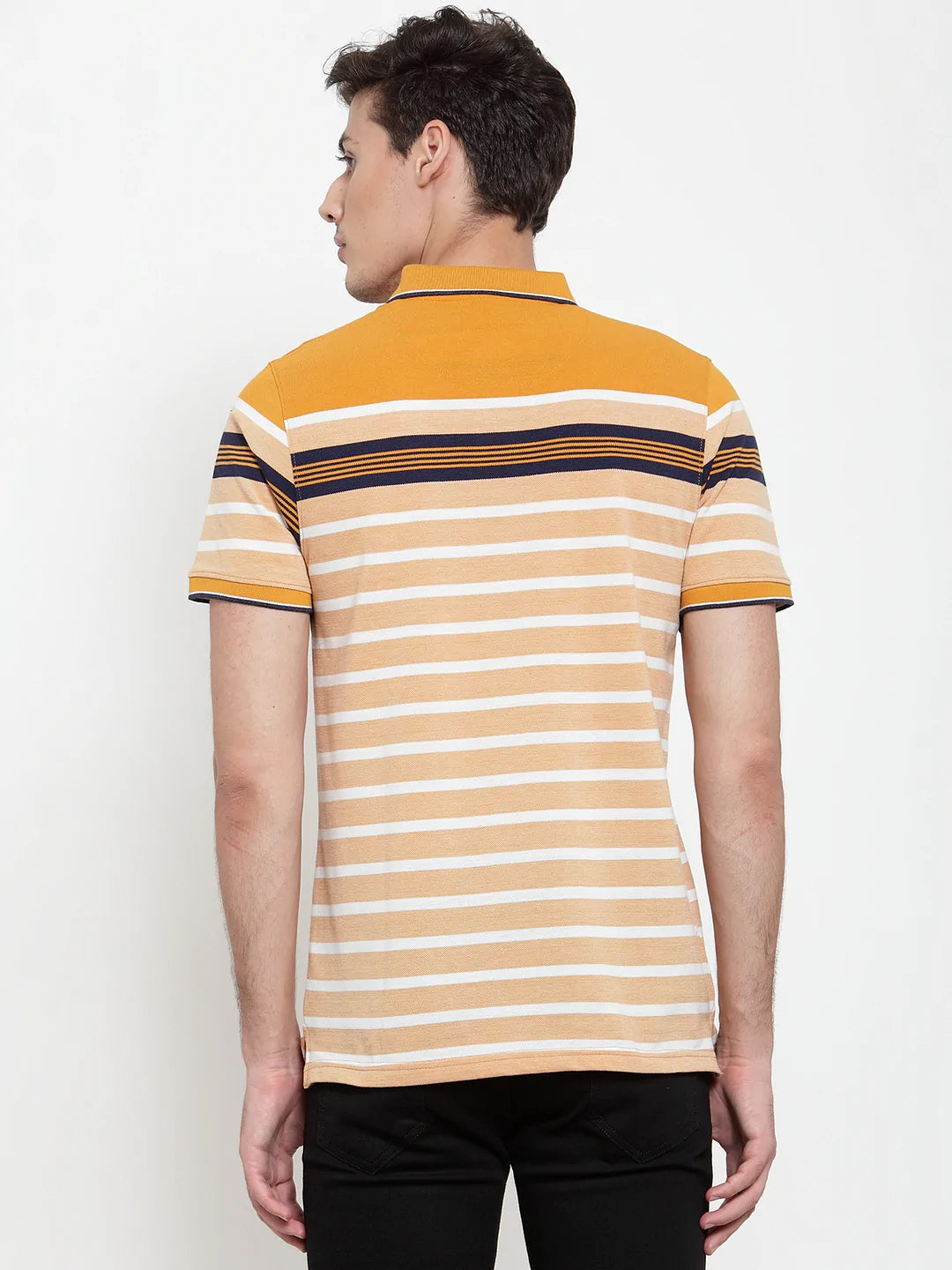 Men Mustard Yellow  White Striped Polo Collar T-shirt
