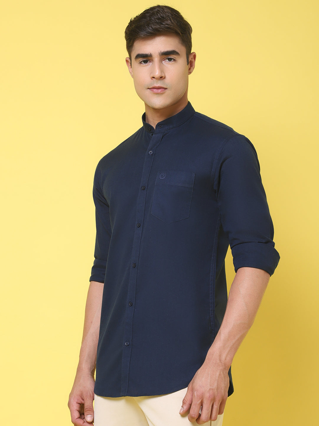 Band Collar Slim Fit Linen Shirt