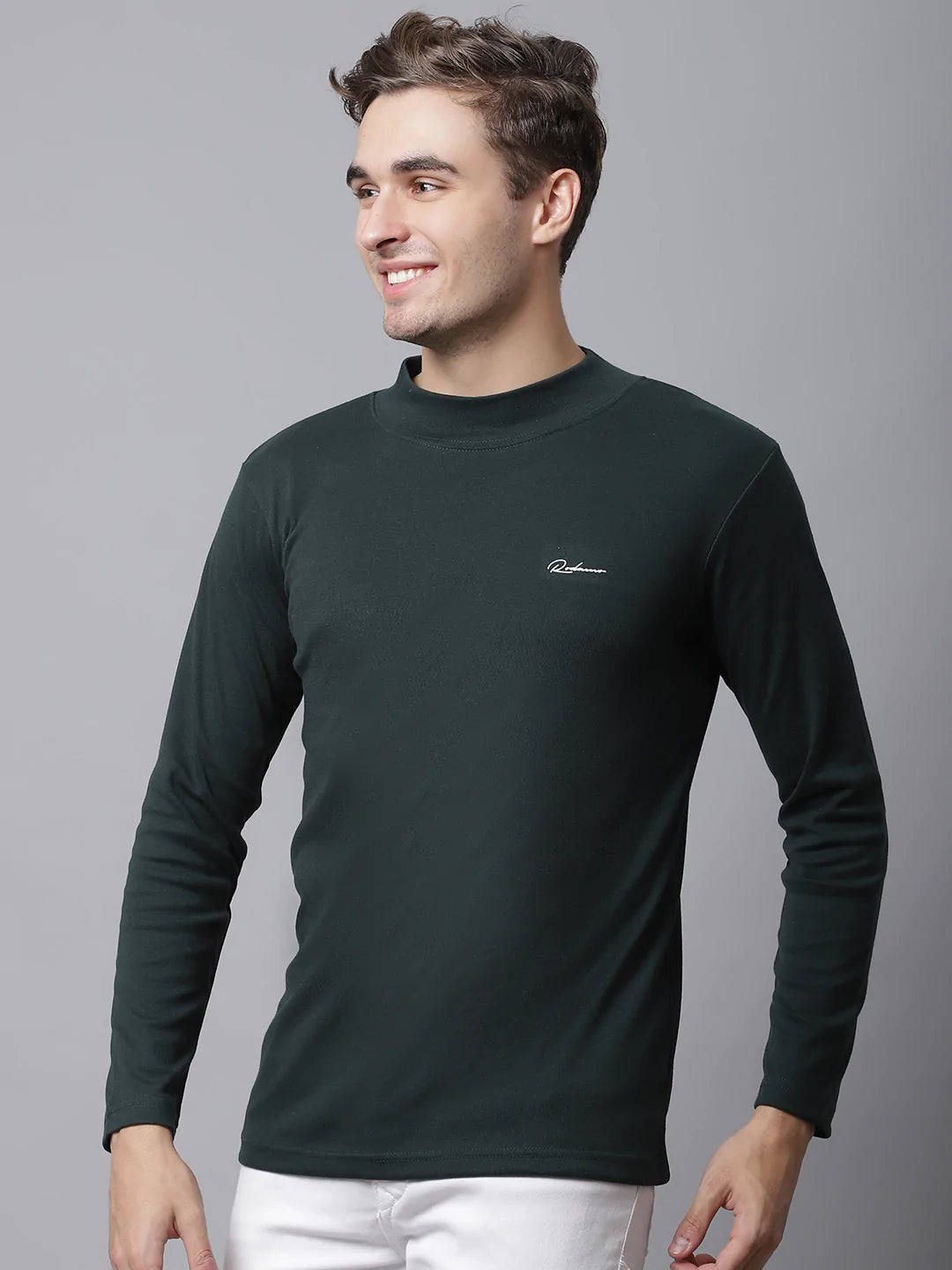 Men Green Cotton High Neck Solid Slim Fit T-shirt