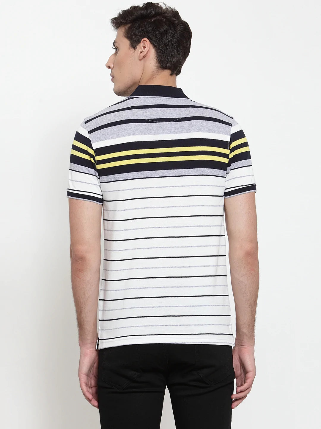Men White  Grey Striped Polo Collar T-shirt