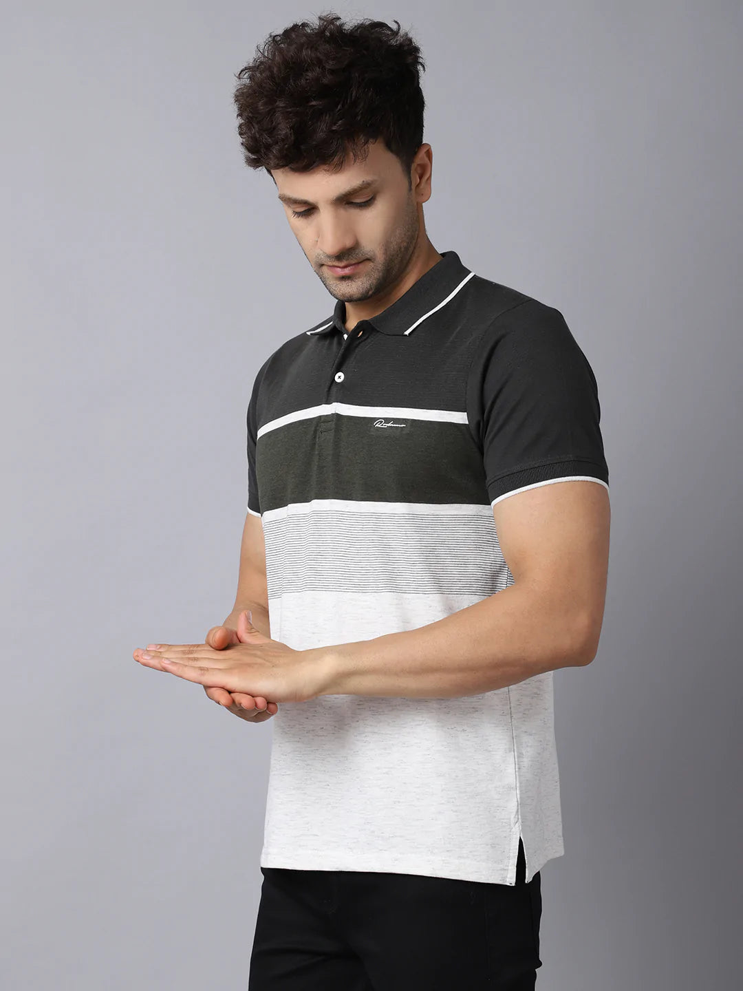 Men Black Striped Polo Collar Slim Fit T-shirt