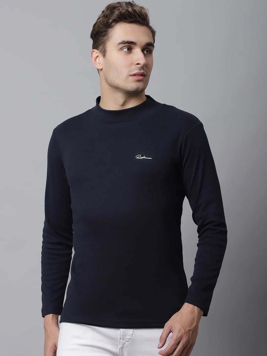 Men Navy Blue High Neck Slim Fit T-shirt