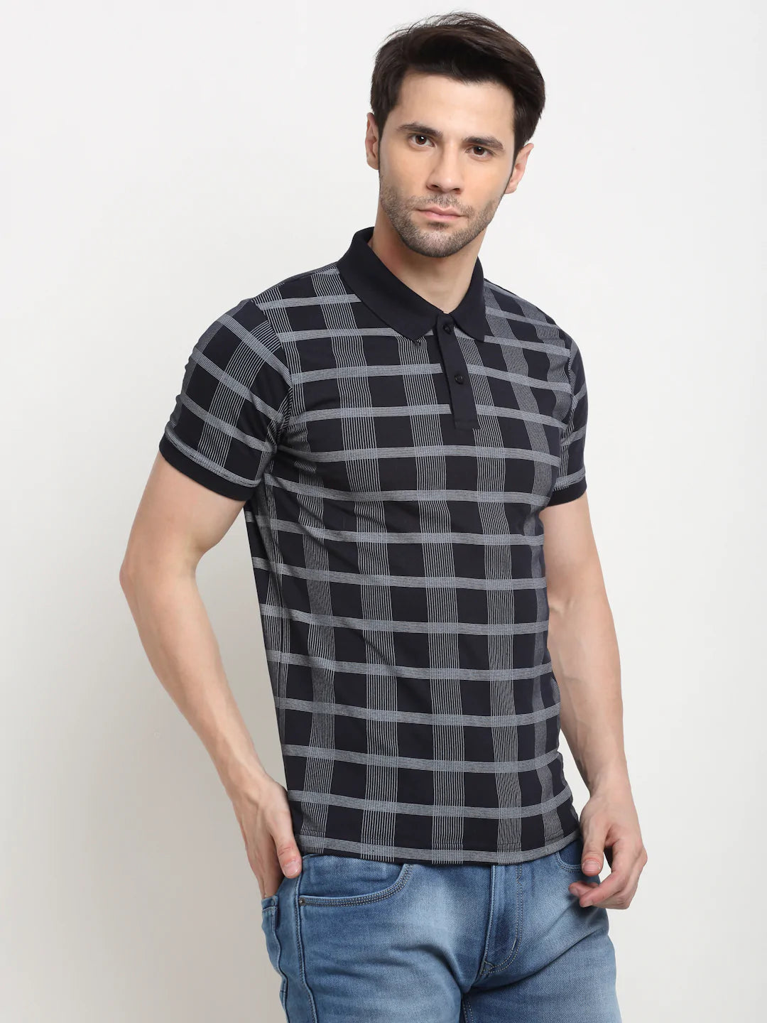 Men Dark Navy Blue Checked Polo Collar Slim Fit T-shirt