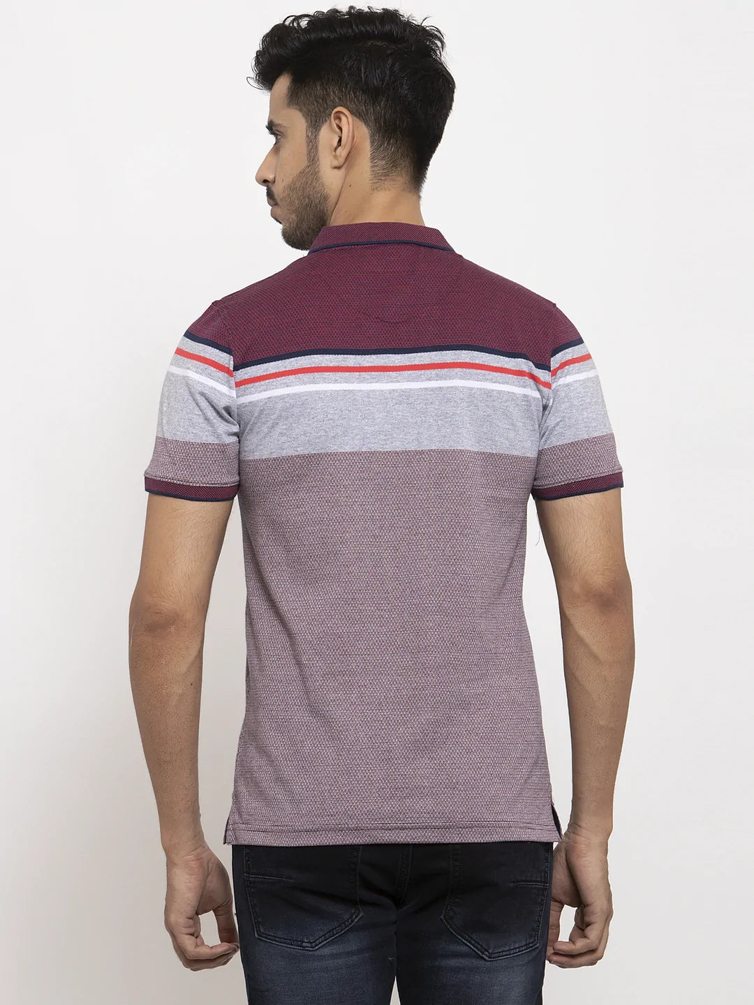 Men Maroon  Grey Slim Fit Striped Polo Collar T-shirt