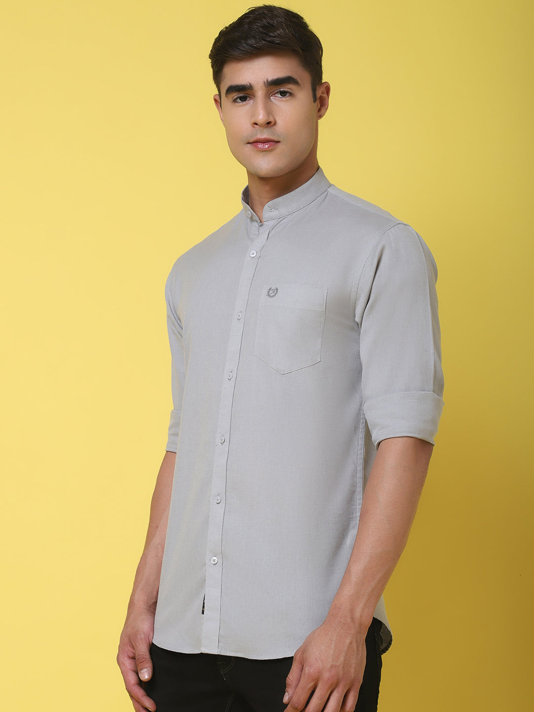Band Collar Slim Fit Linen Shirt