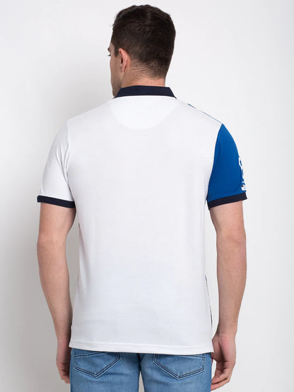 Men Blue  White Colourblocked Polo Collar T-shirt