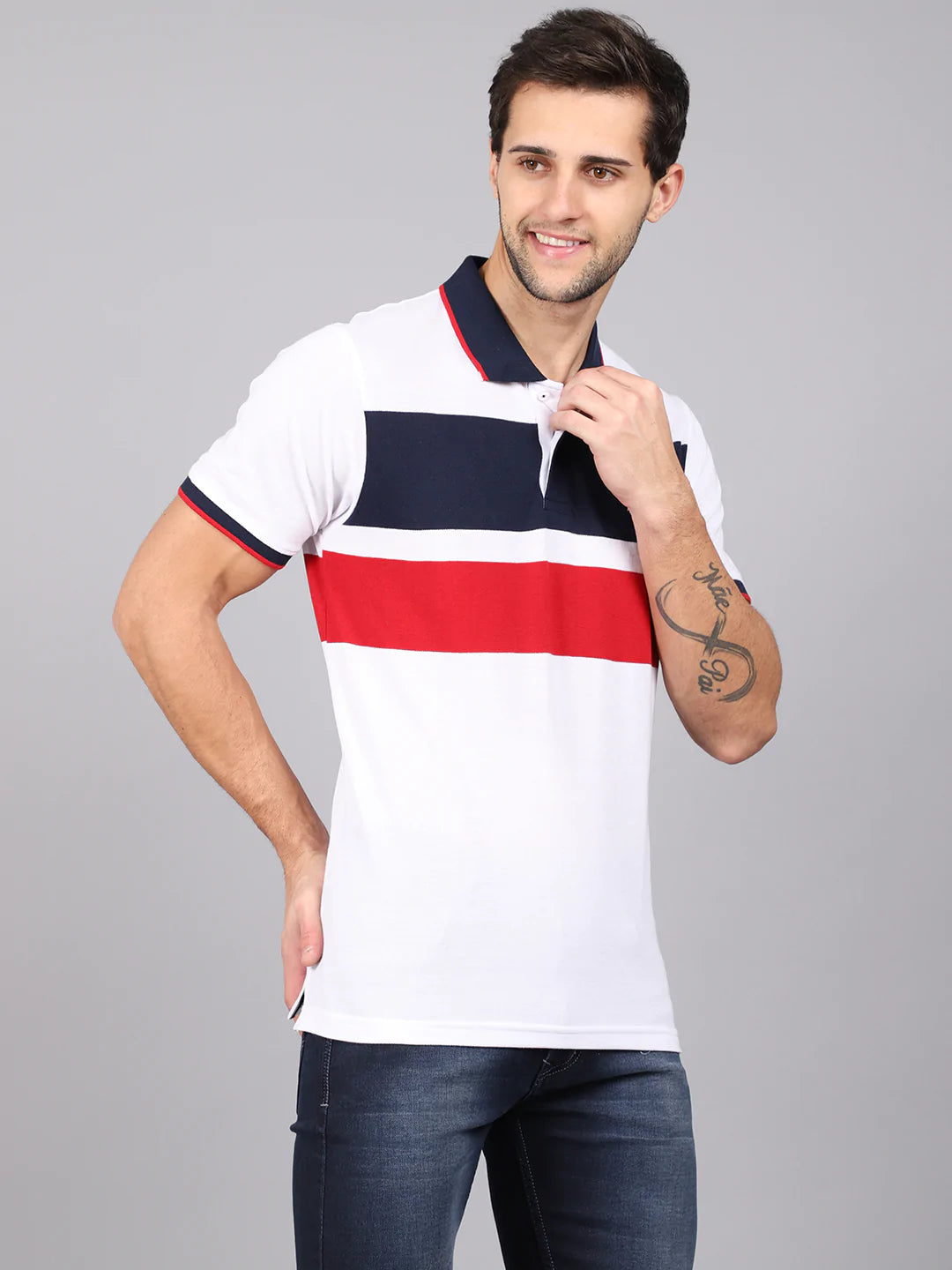 Men White  Navy Blue Striped Polo Collar Slim Fit T-shirt