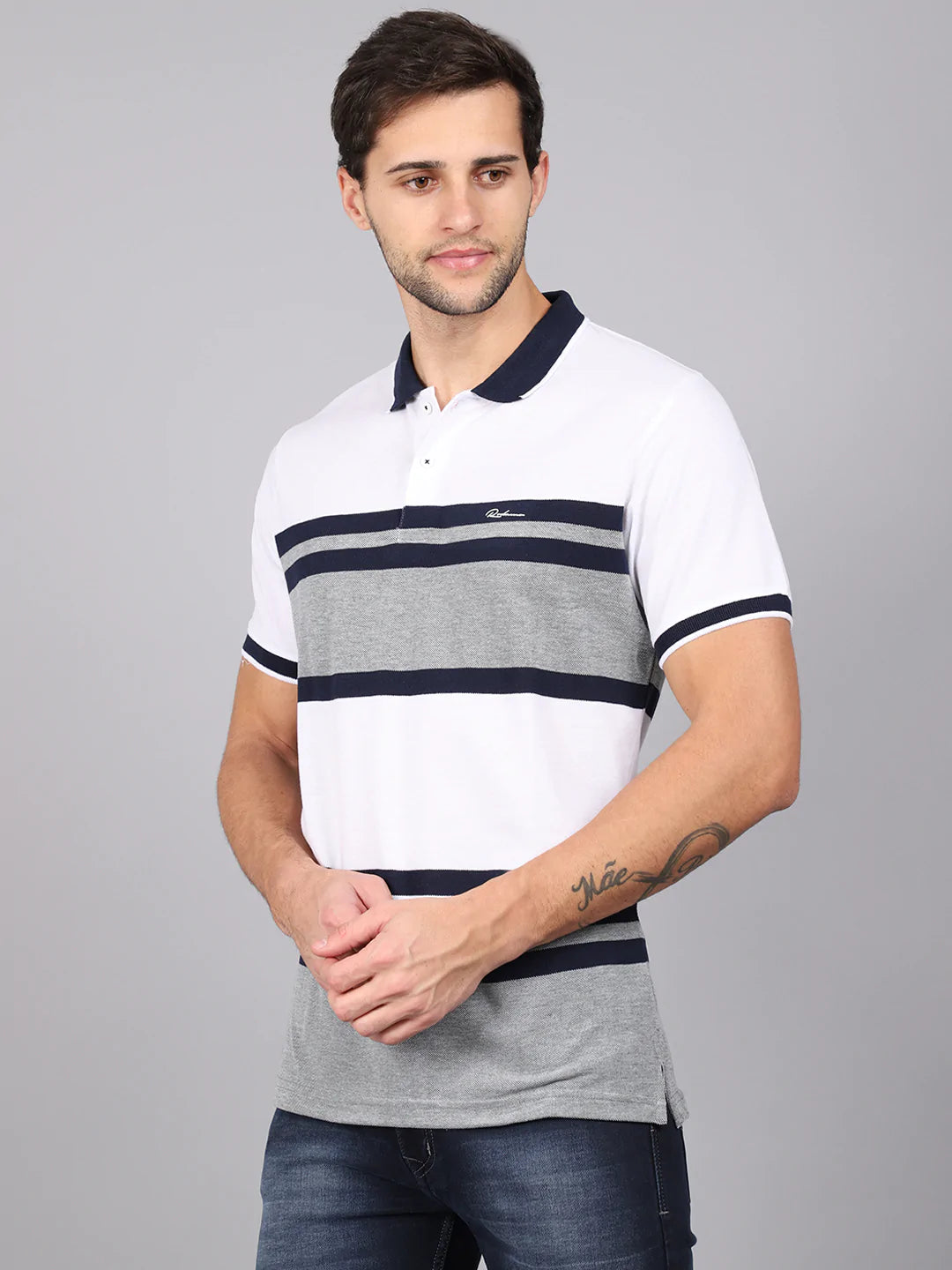 Men White  Blue Striped Polo Collar Slim Fit T-shirt