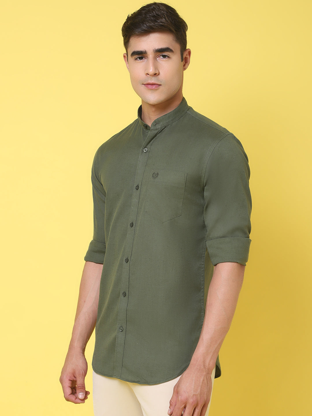 Band Collar Slim Fit Linen Shirt
