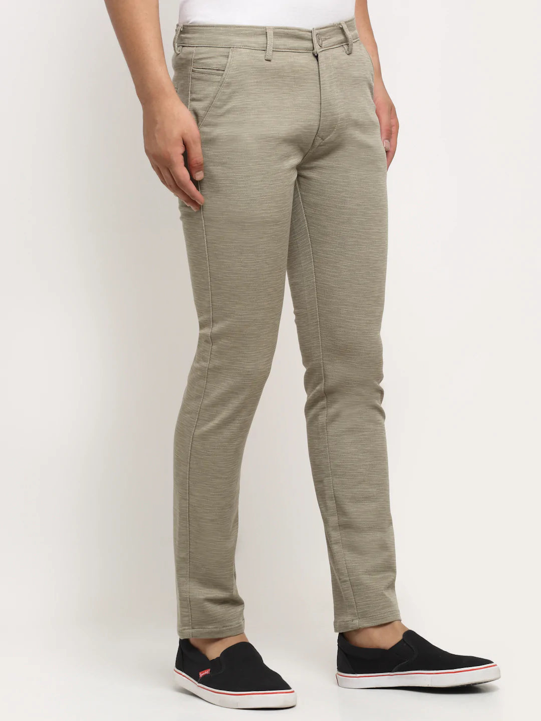 Men Khaki Textured Slim Fit Trousers