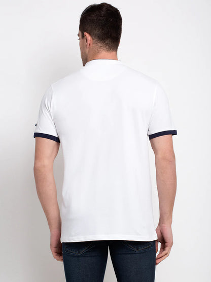 Men White Solid Slim Fit Mandarin Collar T-shirt