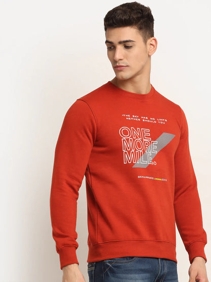 Men Red Typography Printed Round Neck Fleece Sweatshirt
