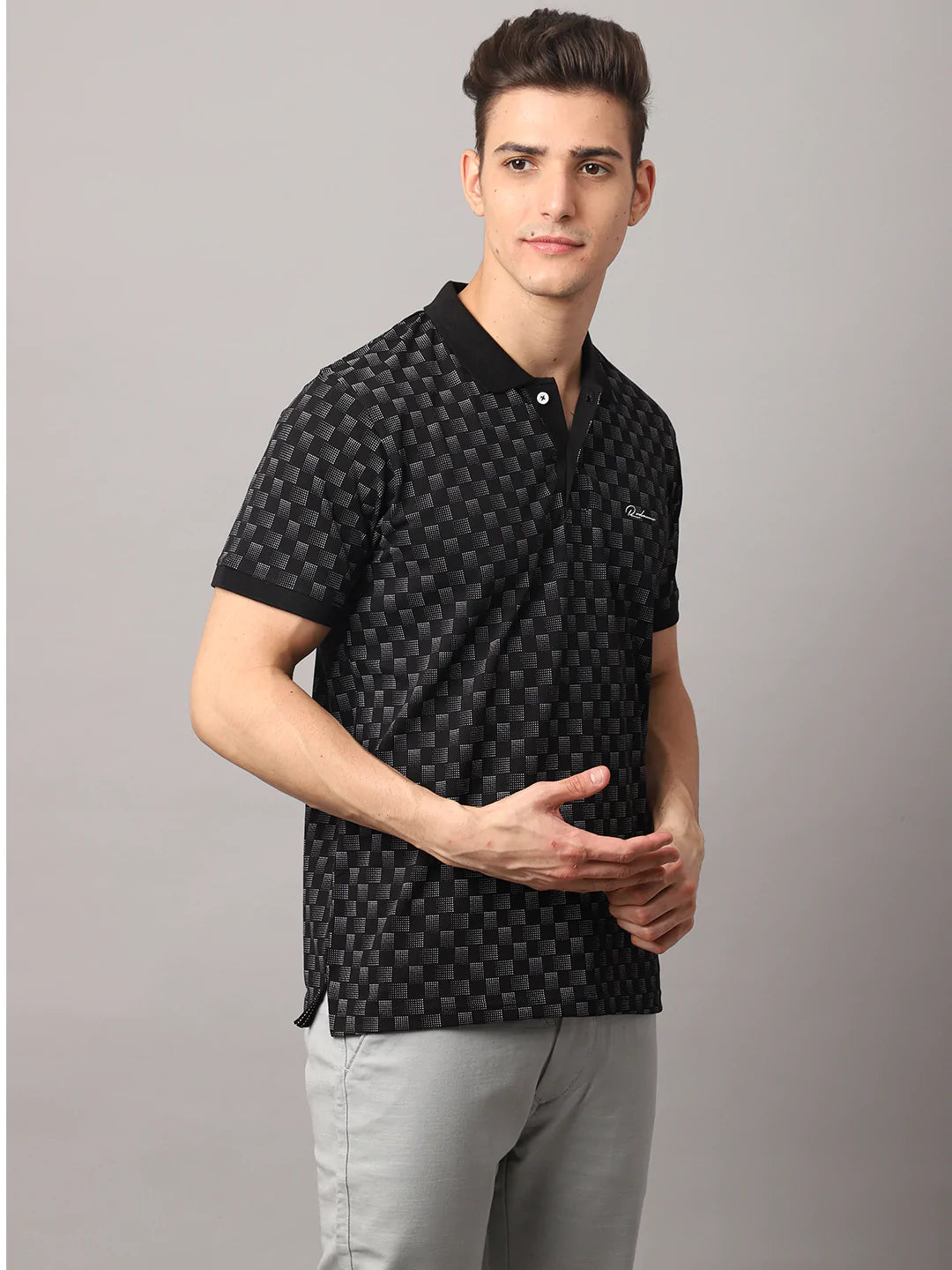 Men Black Printed Polo Collar Slim Fit Cotton T-shirt