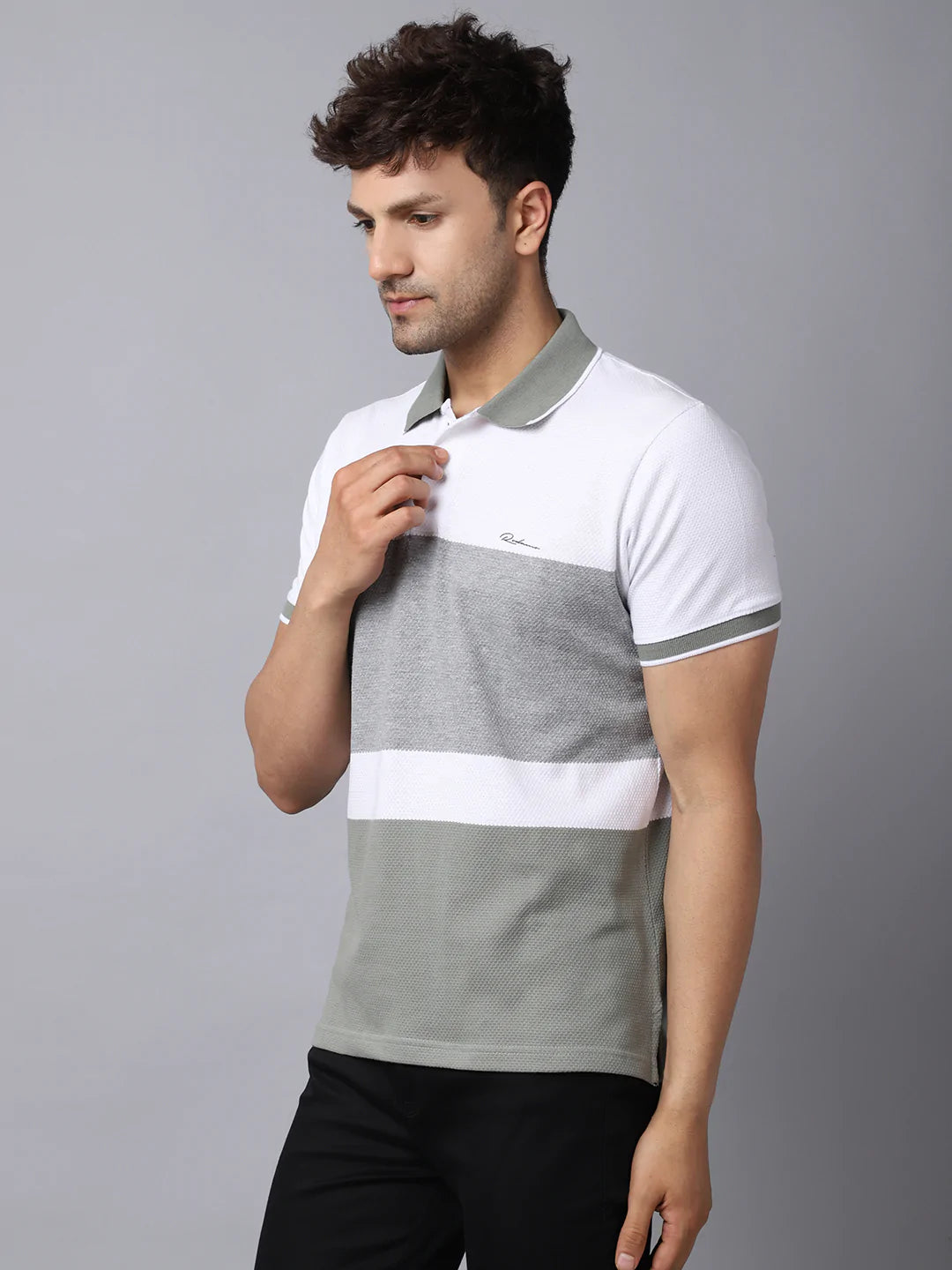 Men White  Grey Striped Polo Collar Slim Fit T-shirt