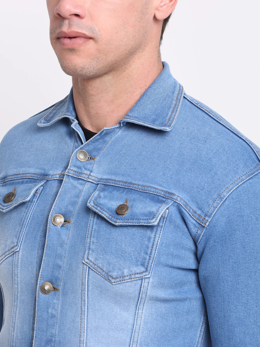 Men Blue Washed Denim Jacket with Patchwork