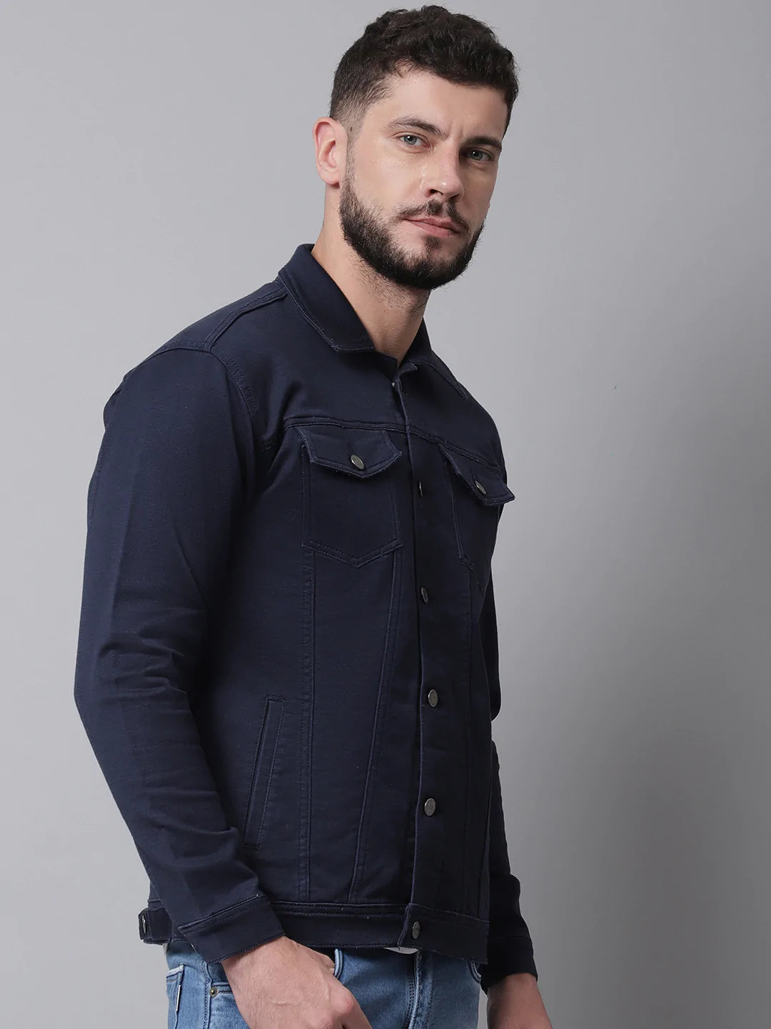 Men Navy Blue Denim Cotton Jacket with Patchwork