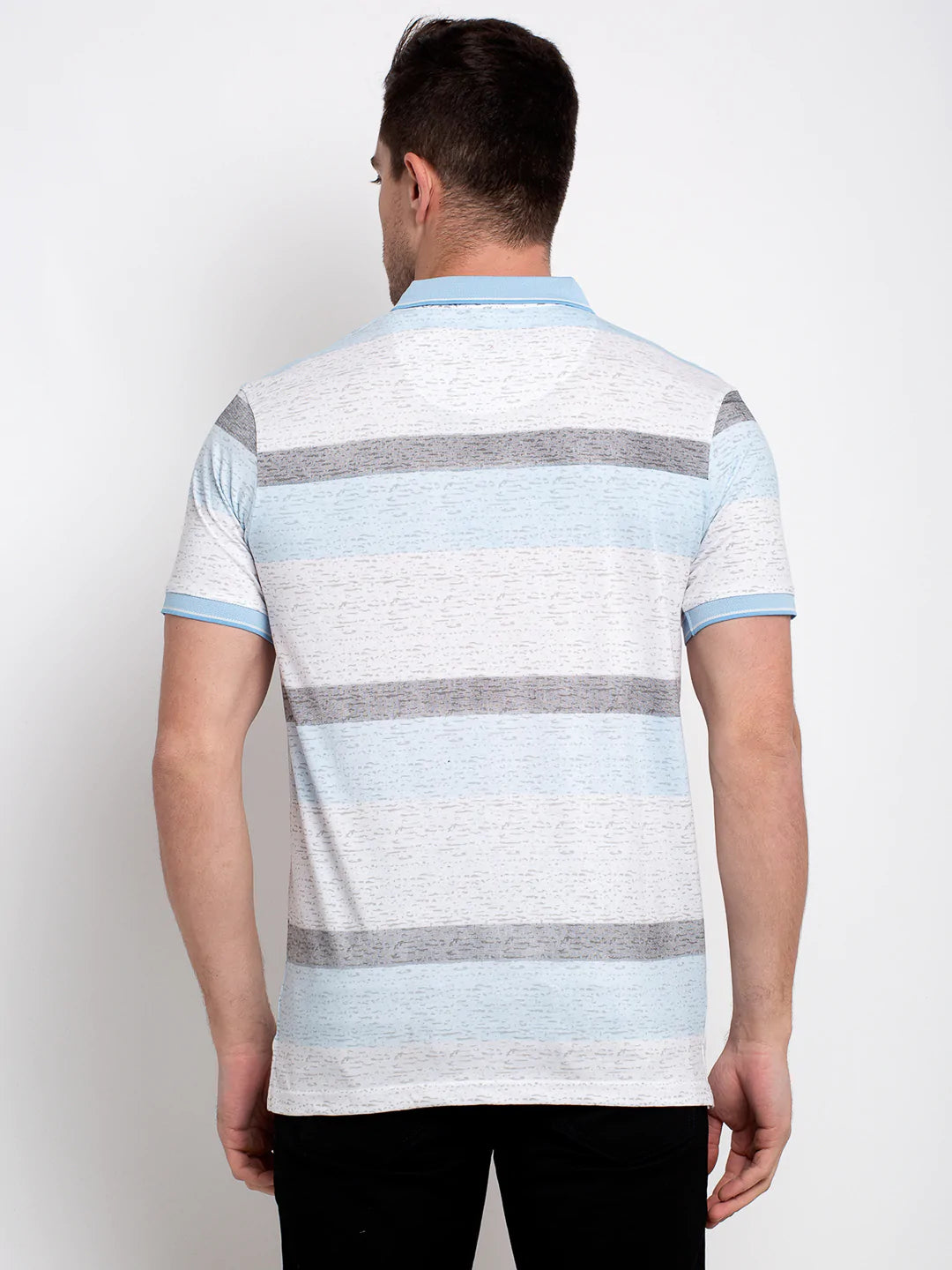 Men Blue Slim Fit Striped Polo Collar T-shirt