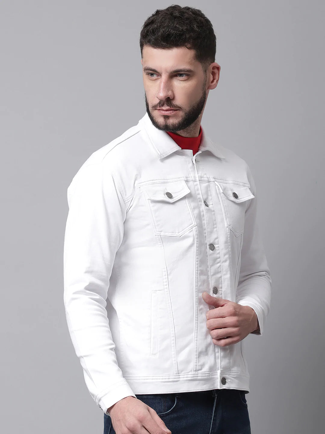 Men White Crop Denim Cotton Jacket with Patchwork