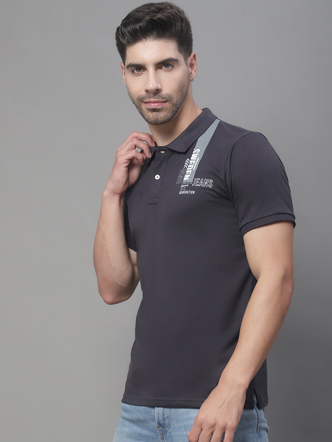 Men Typography Printed Polo Collar Slim Fit T-shirt