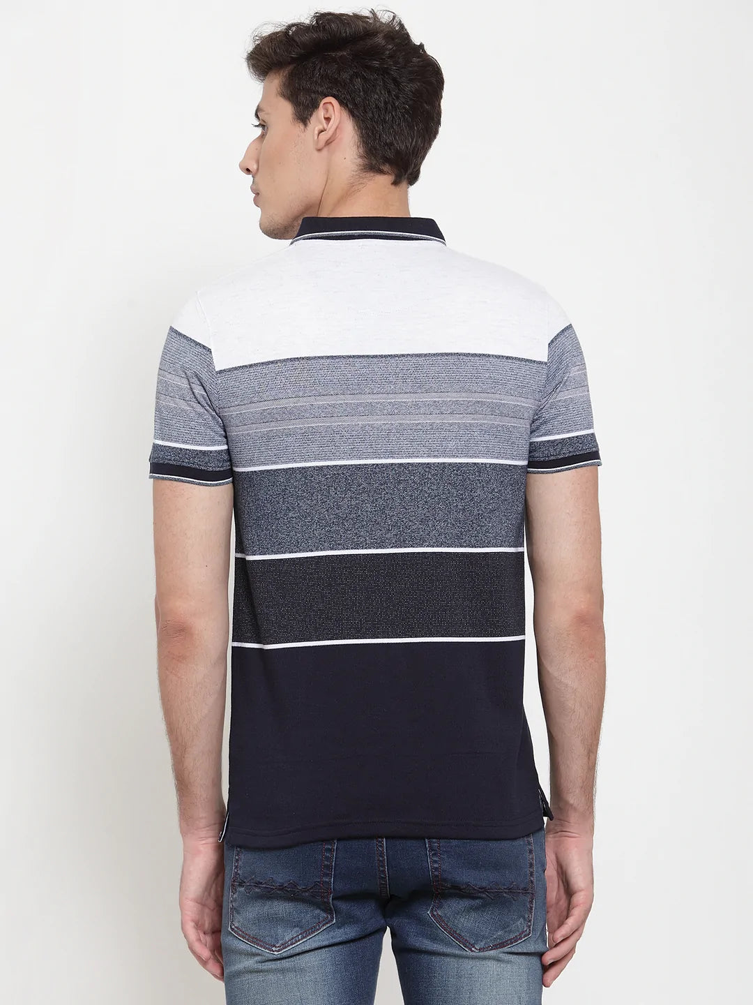 Men Grey  Navy Striped Polo Collar T-shirt