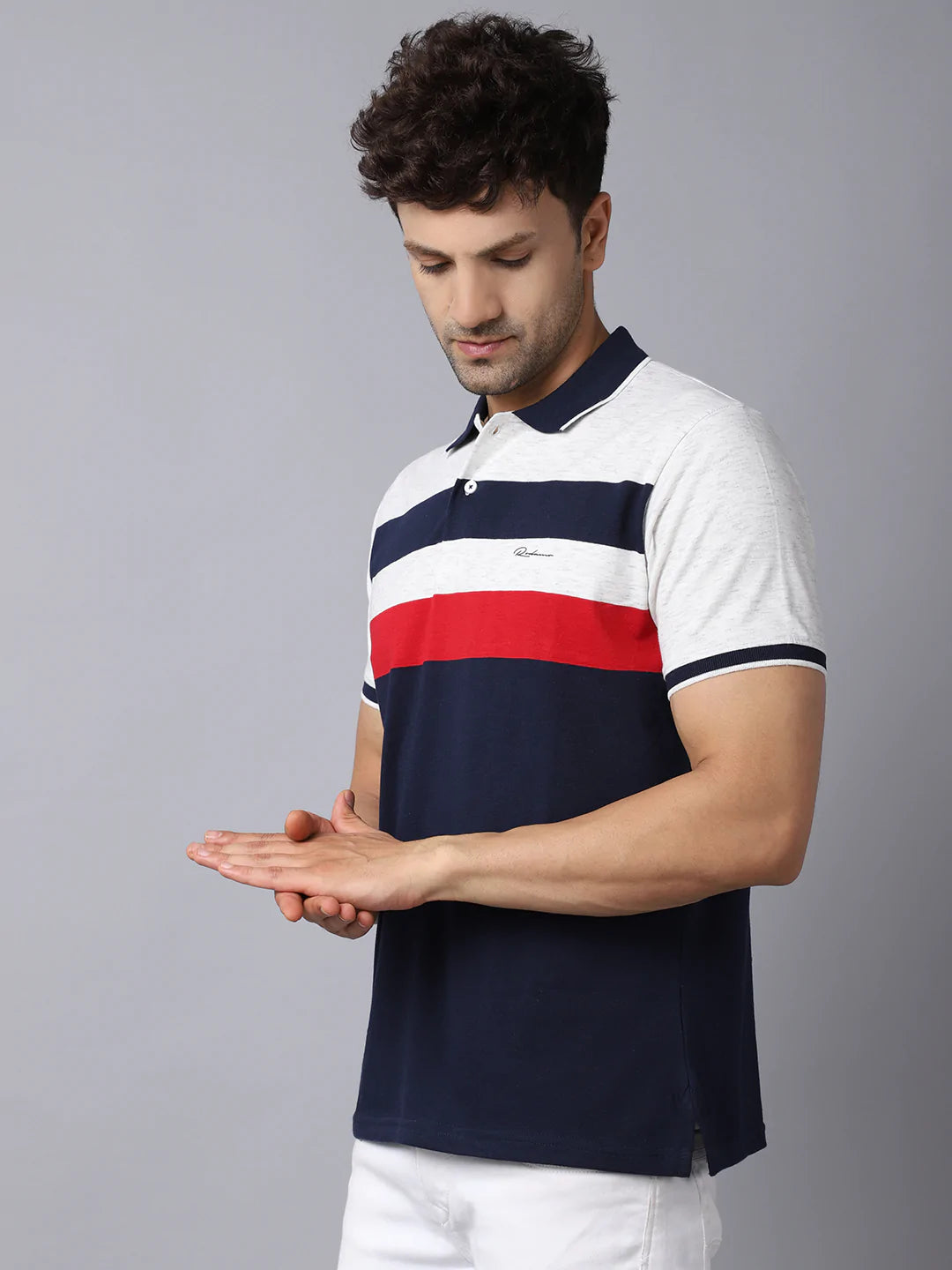 Men Multicoloured Striped Polo Collar Slim Fit T-shirt