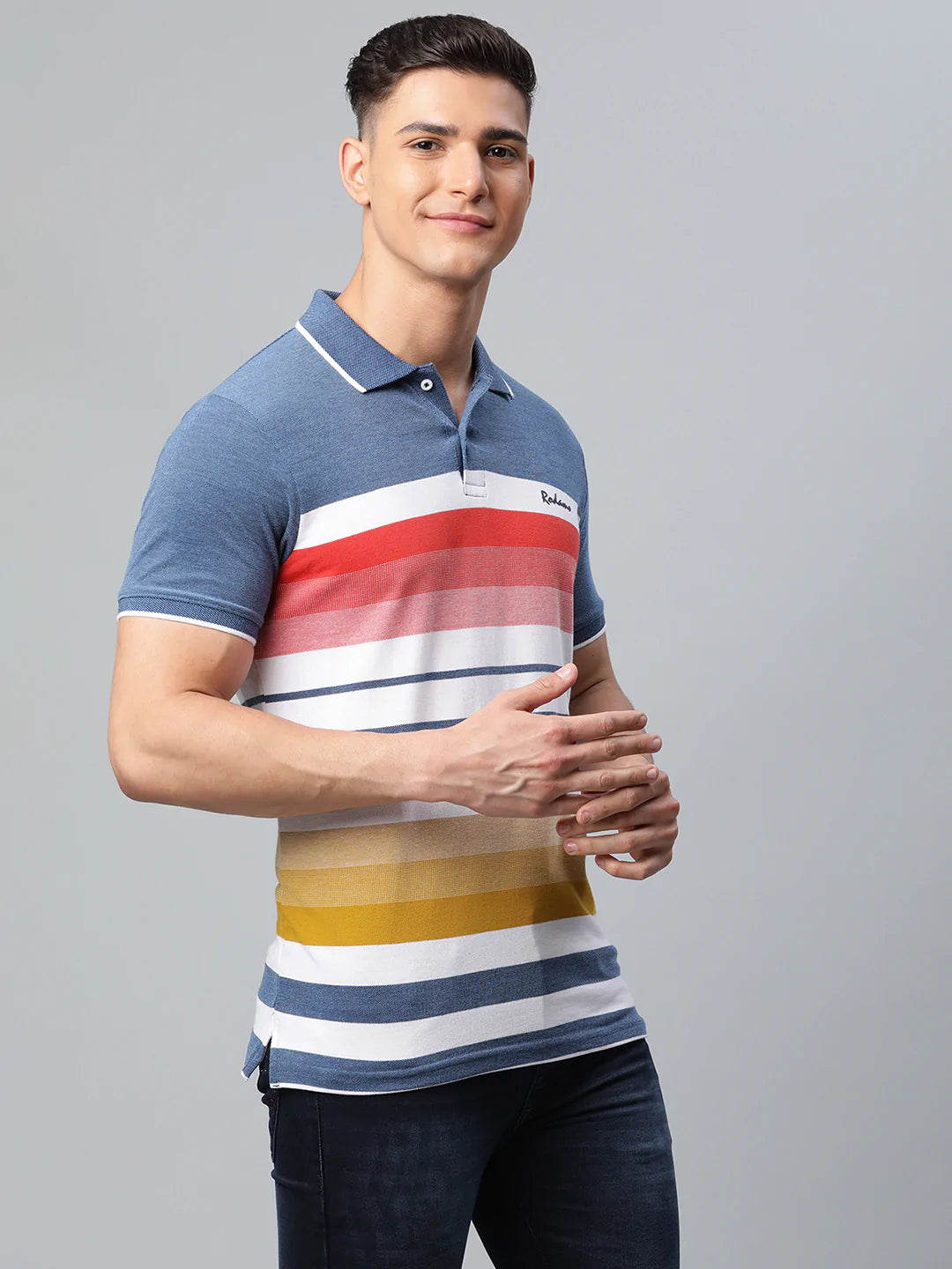 Men White  Blue Striped Polo Collar Slim Fit T-shirt