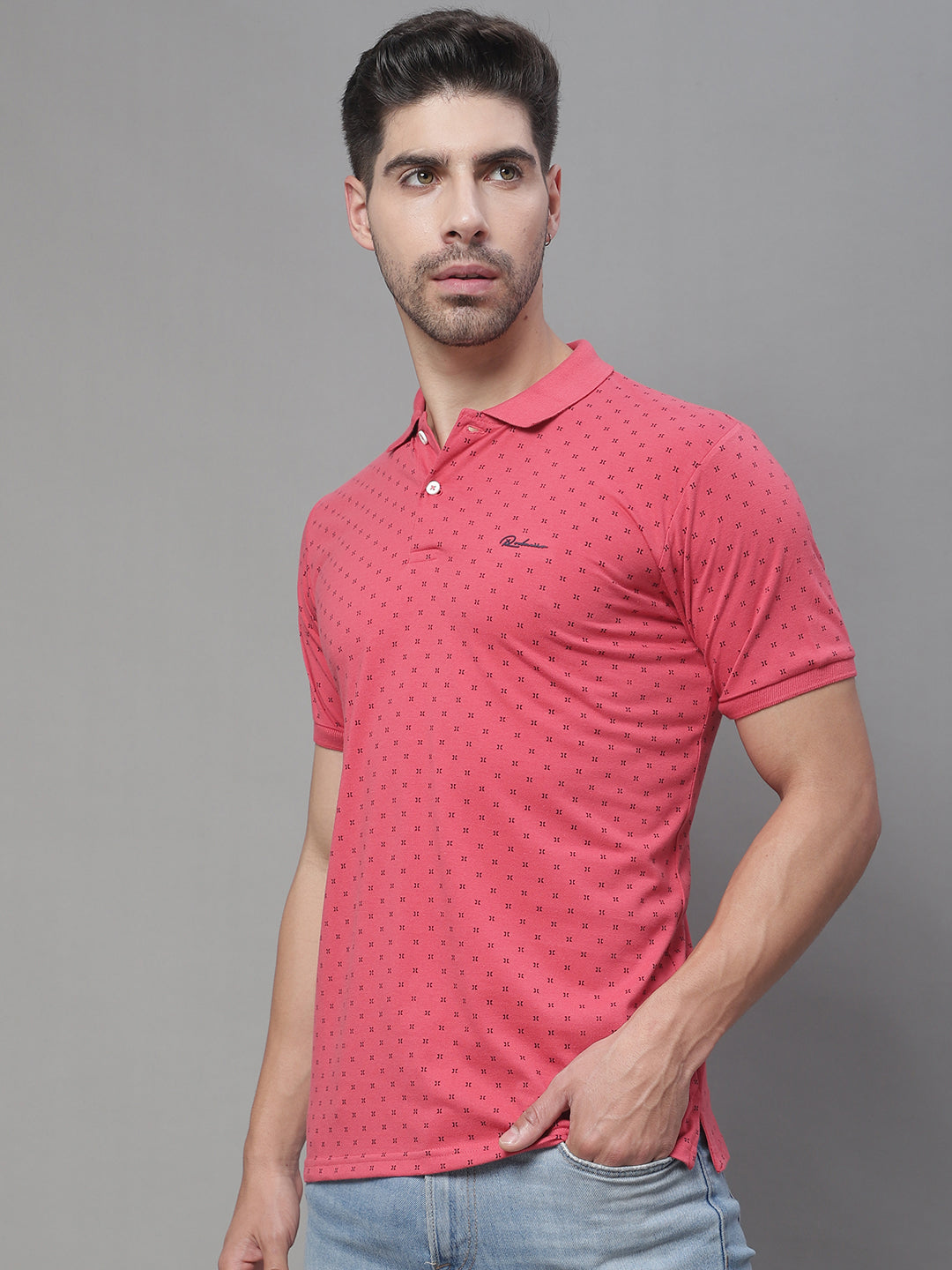 Micro Ditsy Printed Polo Collar Slim Fit Cotton T-shirt