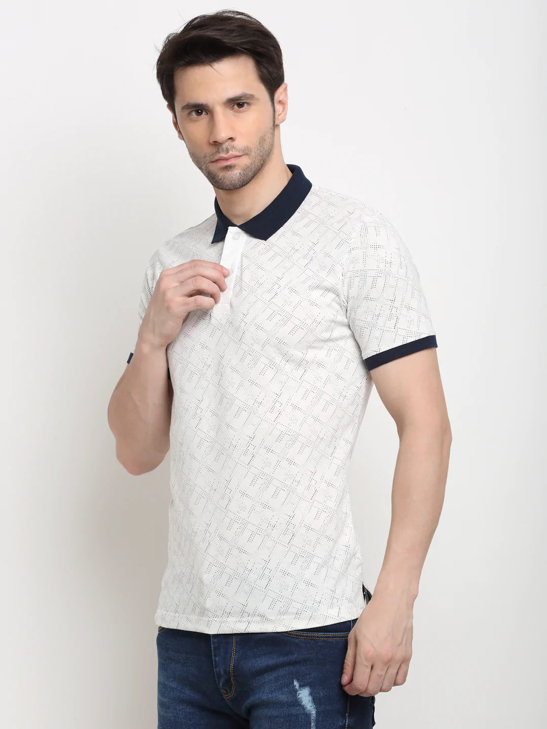 Men White  Black Printed Polo Collar Slim Fit T-shirt