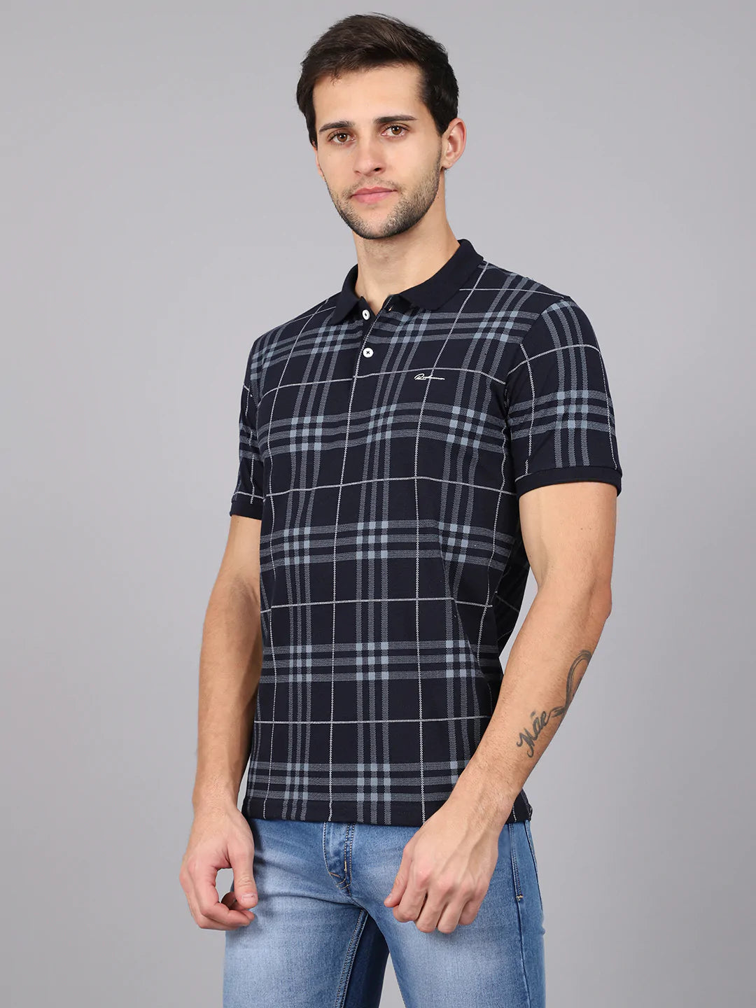 Men Blue Checked Polo Collar Slim Fit T-shirt