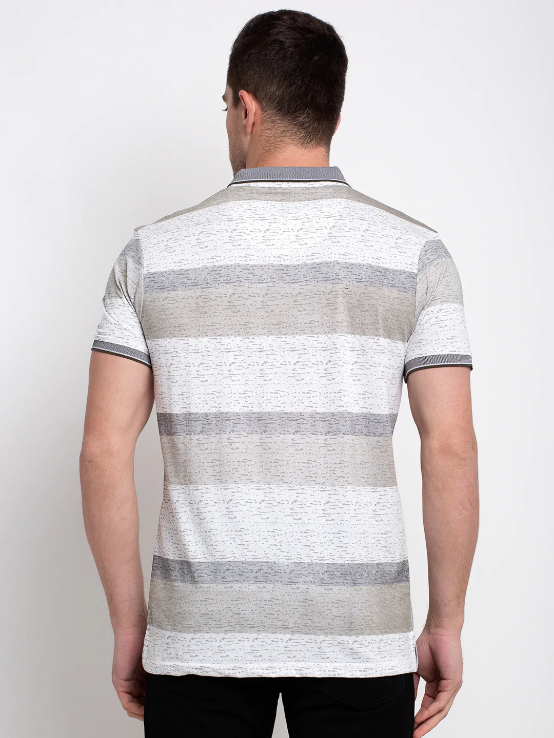 Men White Striped Polo Collar T-shirt