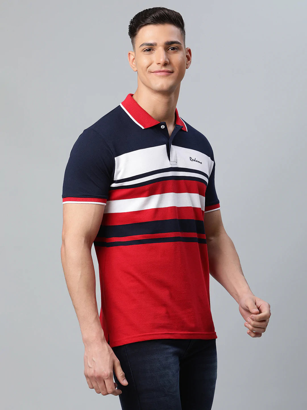 Men Red  Black Striped Polo Collar Slim Fit T-shirt
