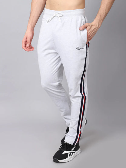 Men Grey Striped Slim-Fit Cotton Track Pants