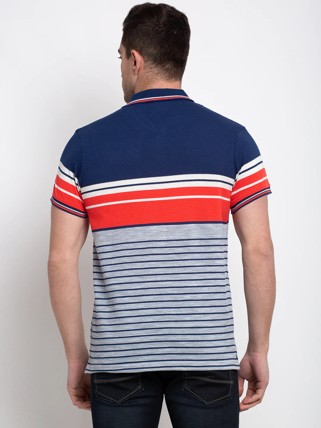 Men Multicoloured Striped Polo Collar T-shirt